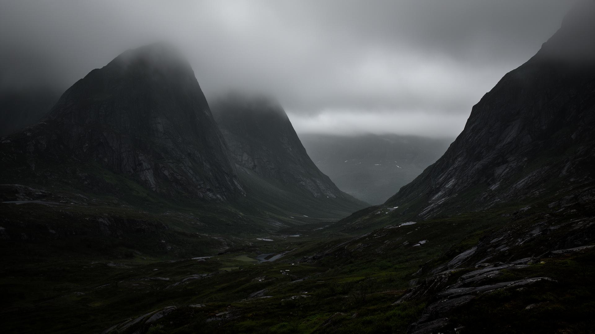 Nordic mountains in fog